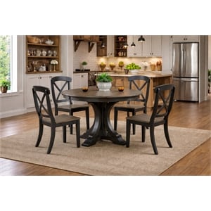 Art Deco Transitional X-Back Wood Dining Set in Gray & Black Stone 5-Piece Set