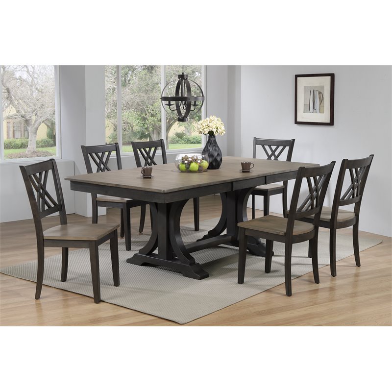 7-Pc Deco Double X Wood Dining Set in Gray/Black Stone