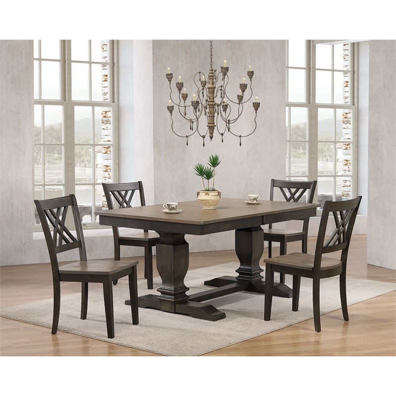 5-Pc Pedestal Rubberwood Dining Set in Gray/Black Stone