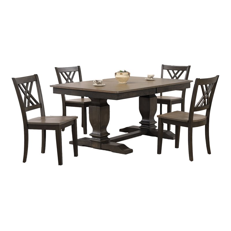 5-Pc Pedestal Rubberwood Dining Set in Gray/Black Stone