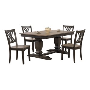 5-Pc Pedestal Rubberwood Dining Set in Gray/Black Stone