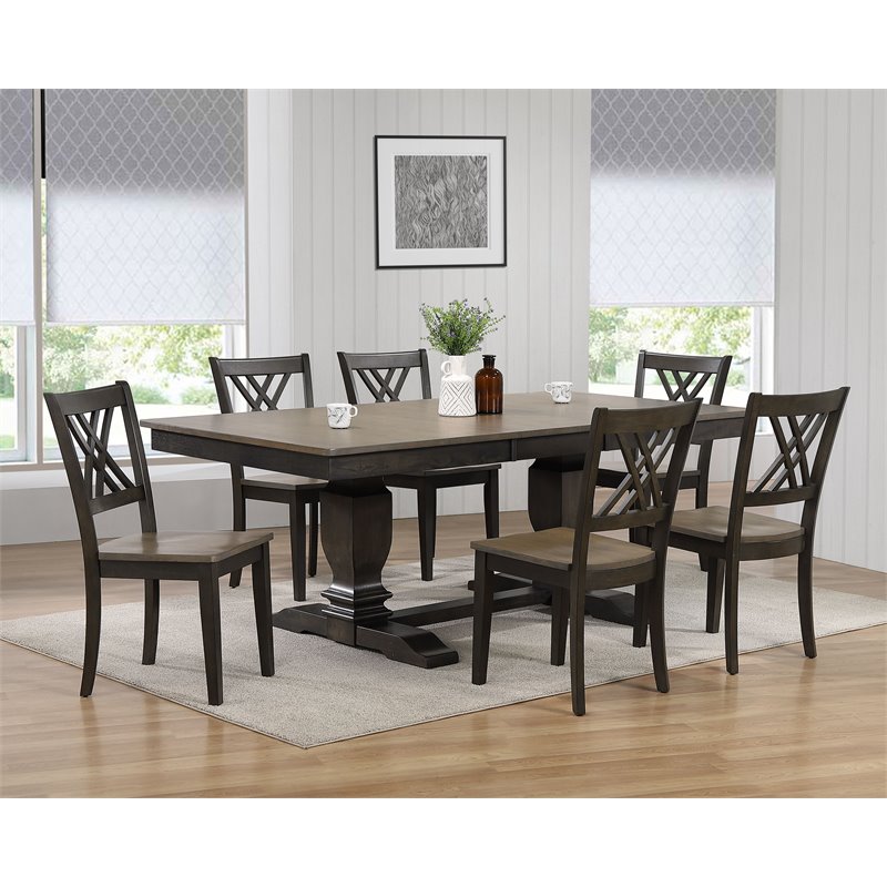 7-Pc Pedestal Rubberwood Dining Set in Gray/Black Stone