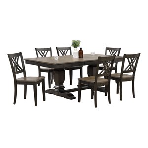 7-Pc Pedestal Rubberwood Dining Set in Gray/Black Stone