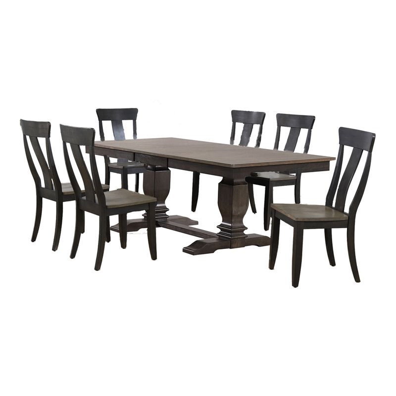 7-Pc Pedestal Wood Dining Set in Gray/Black Stone