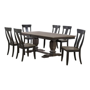 7-Pc Pedestal Wood Dining Set in Gray/Black Stone