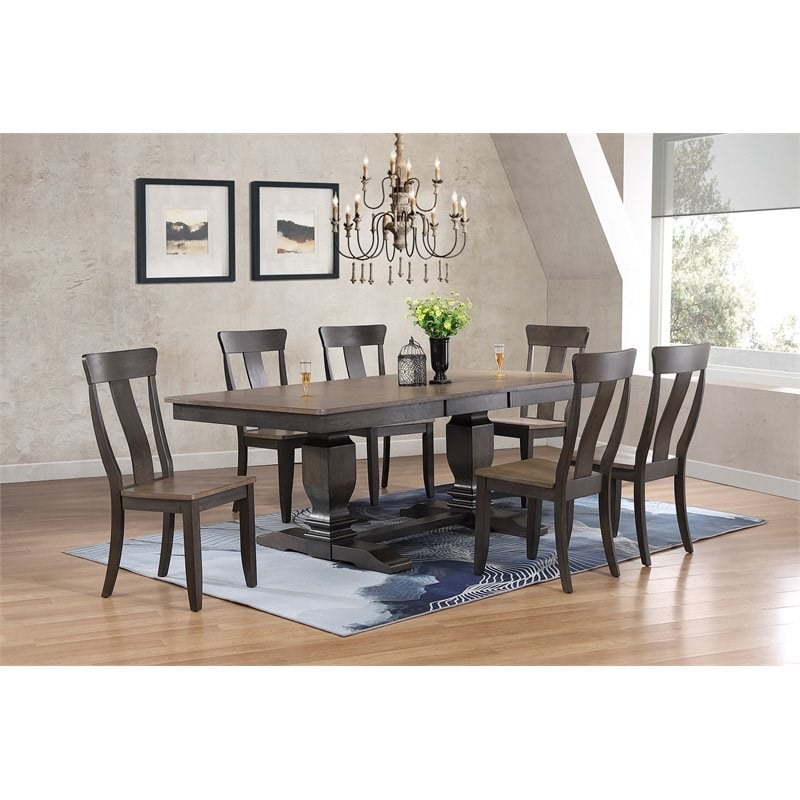 7-Pc Pedestal Wood Dining Set in Gray/Black Stone