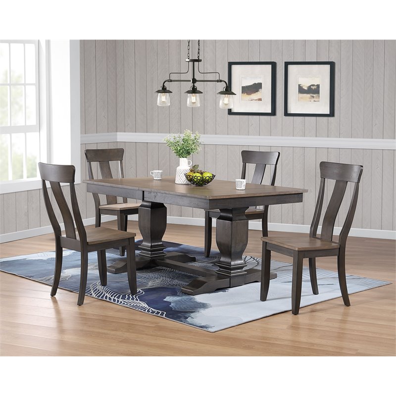 5-Pc Pedestal Wood Dining Set in Gray/Black Stone