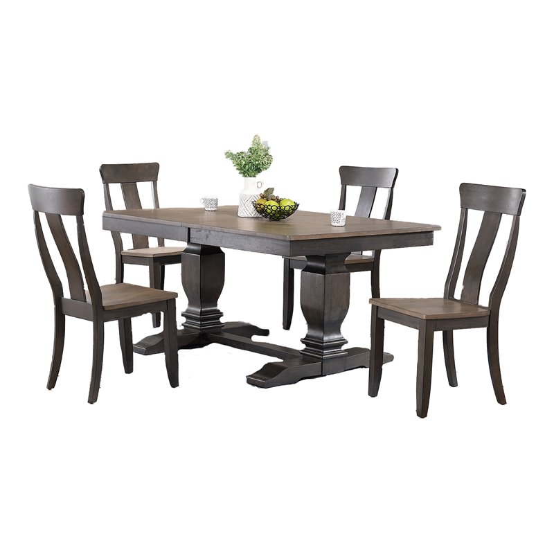 5-Pc Pedestal Wood Dining Set in Gray/Black Stone
