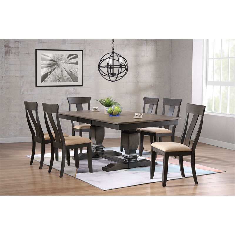 7-Pc Rubberwood Dining Set in Gray/Black Stone