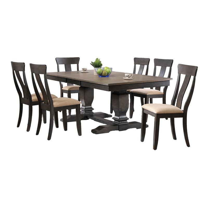 7-Pc Rubberwood Dining Set in Gray/Black Stone