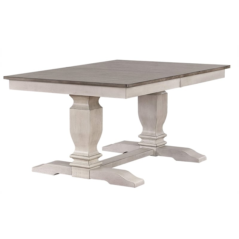 Double Pedestal Wood Dining Table in Gray/Stormy White