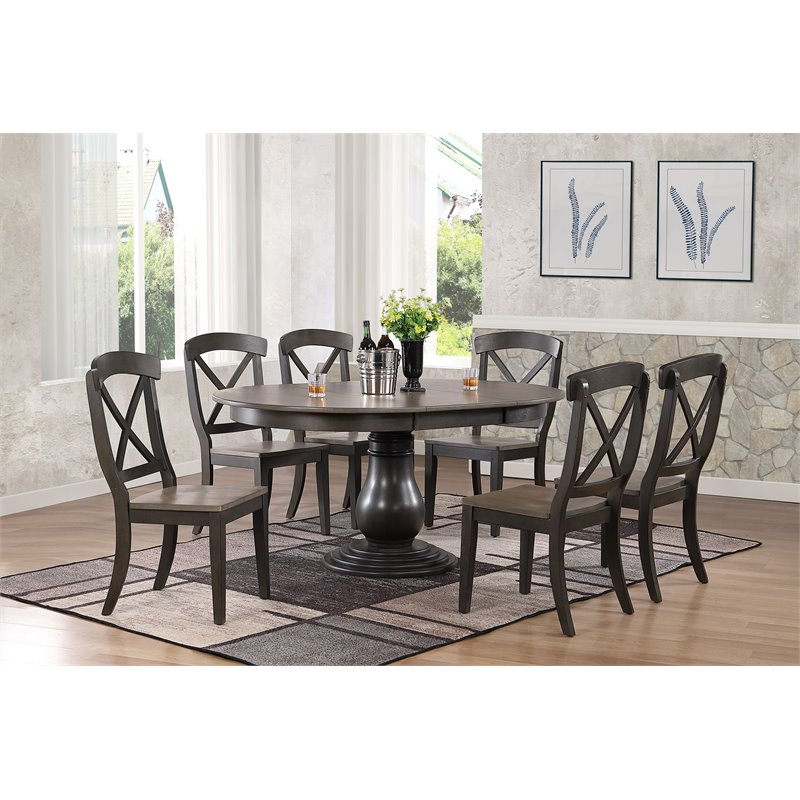 7-piece Round- Oval Solid Wood Extendable Bella Dining Set in Antique Grey