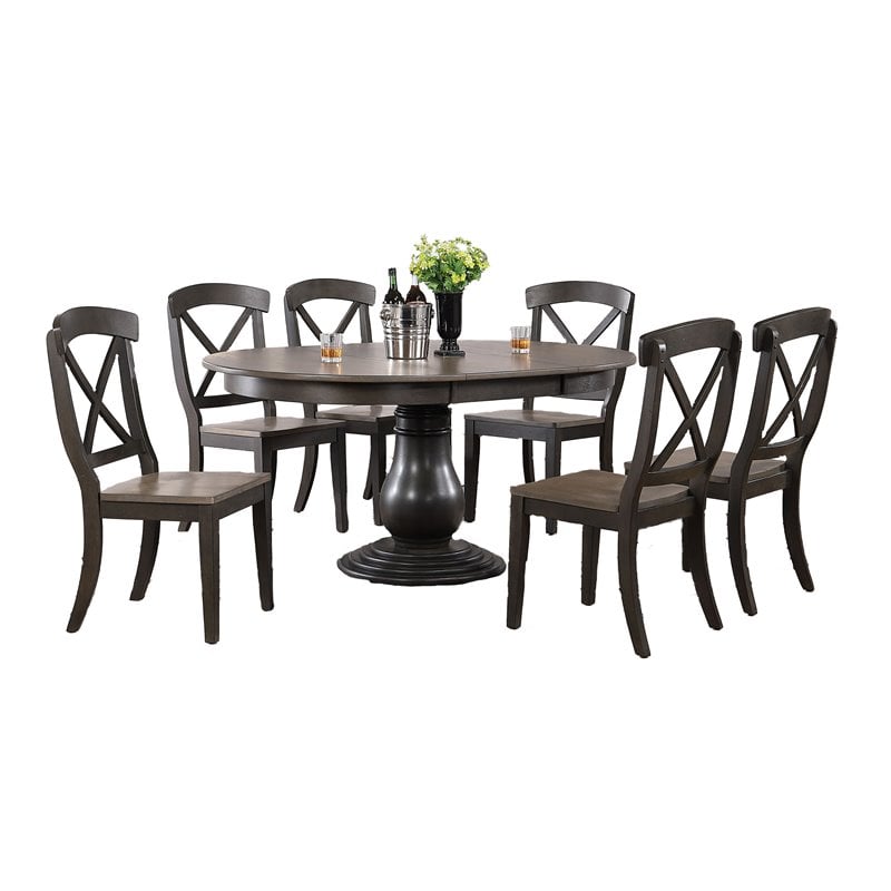 7-piece Round- Oval Solid Wood Extendable Bella Dining Set in Antique Grey