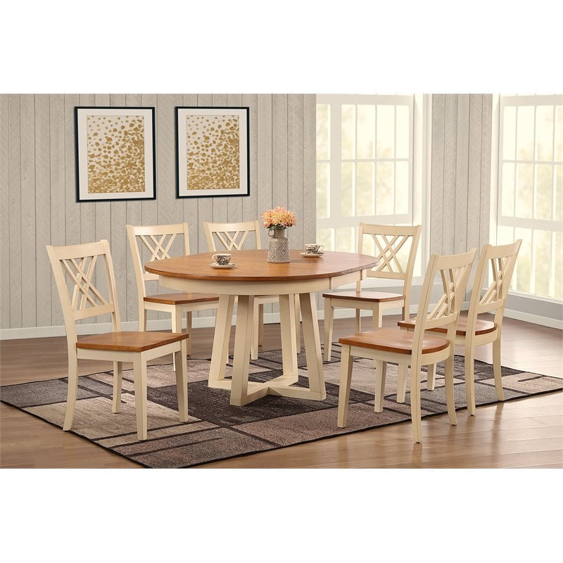 7-Pc Double X Wood Cross Pedestal Dining Set in Caramel