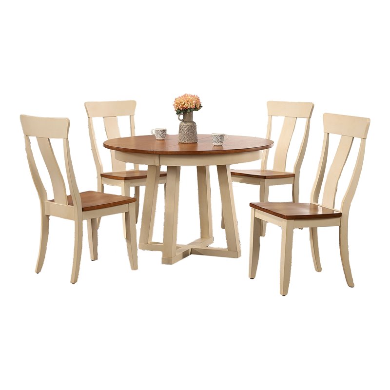 5-Pc Panel Wood Cross Pedestal Dining Set in Caramel