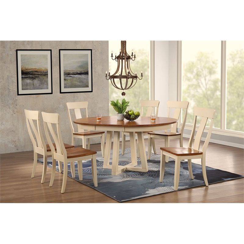 7-Pc Panel Wood Cross Pedestal Dining Set in Caramel