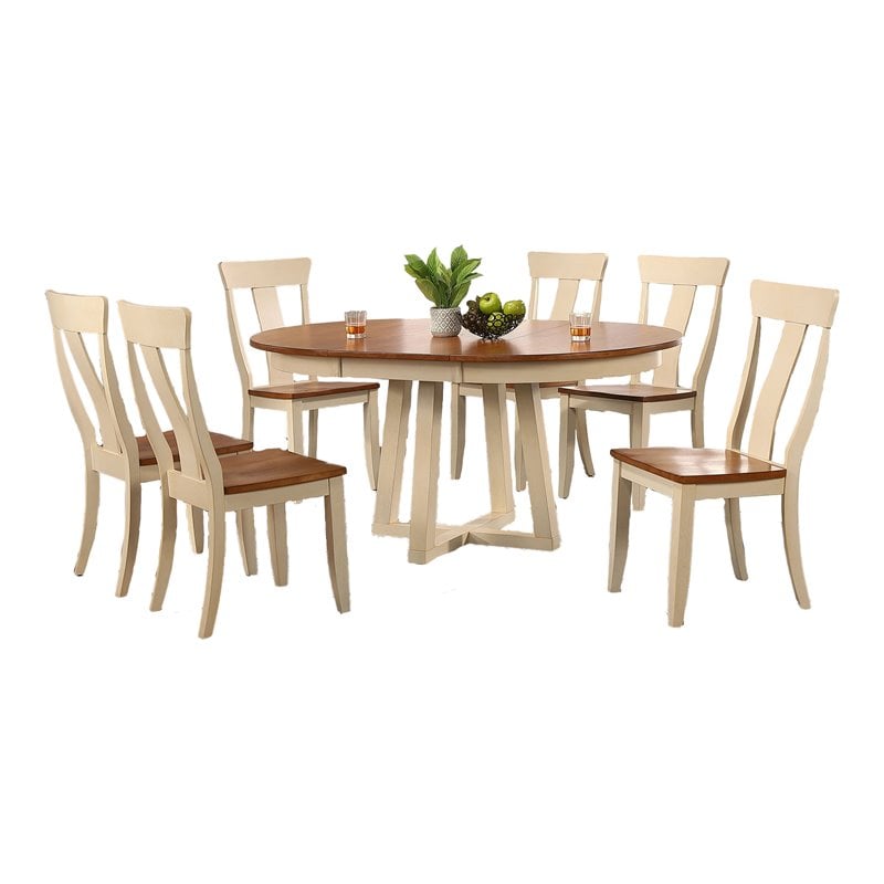 7-Pc Panel Wood Cross Pedestal Dining Set in Caramel