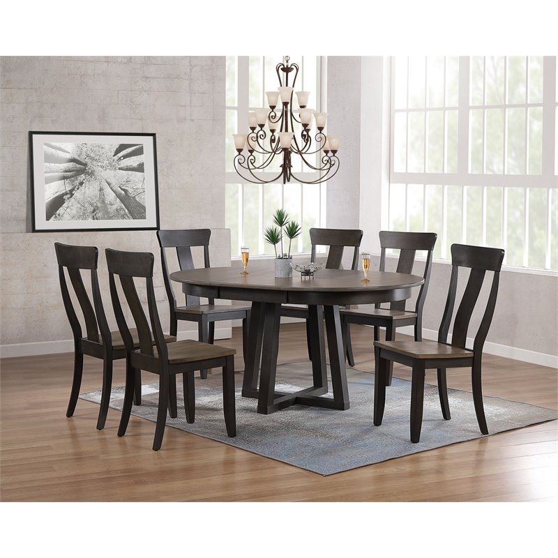7-Pc Panel Wood Pedestal Dining Set in Gray/Black Stone