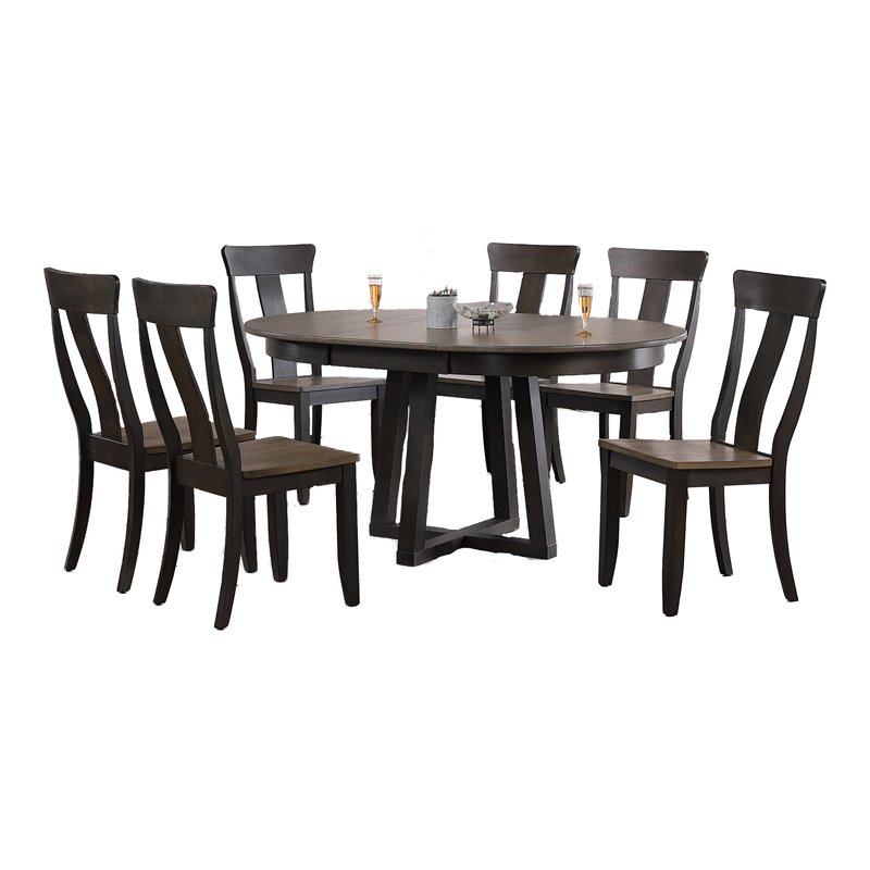 7-Pc Panel Wood Pedestal Dining Set in Gray/Black Stone