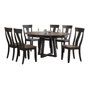 7-Pc Panel Wood Pedestal Dining Set in Gray/Black Stone