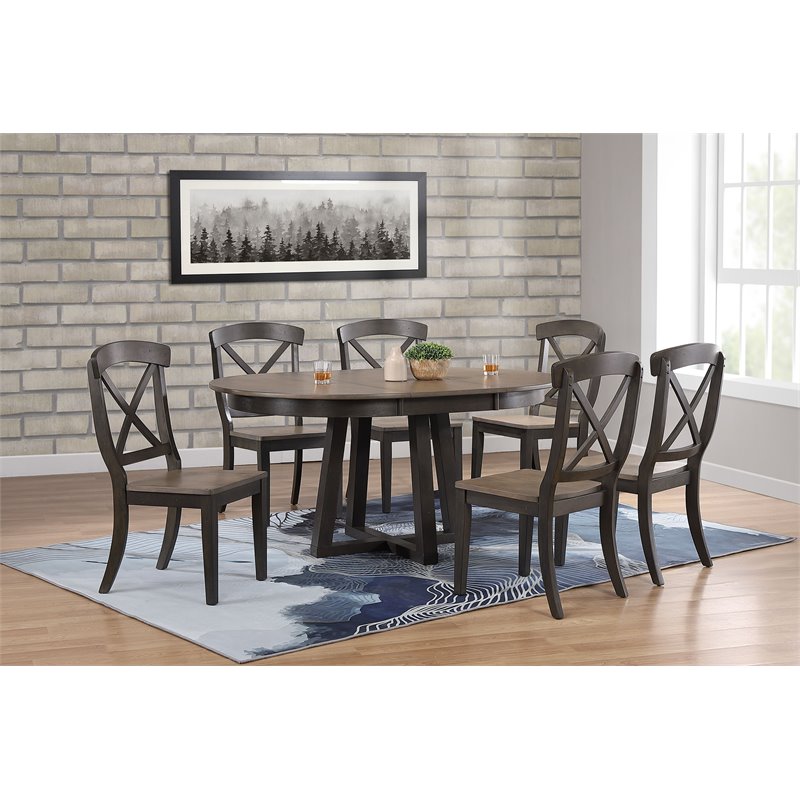 7-Pc X Wood Pedestal Dining Set in Gray/Black Stone