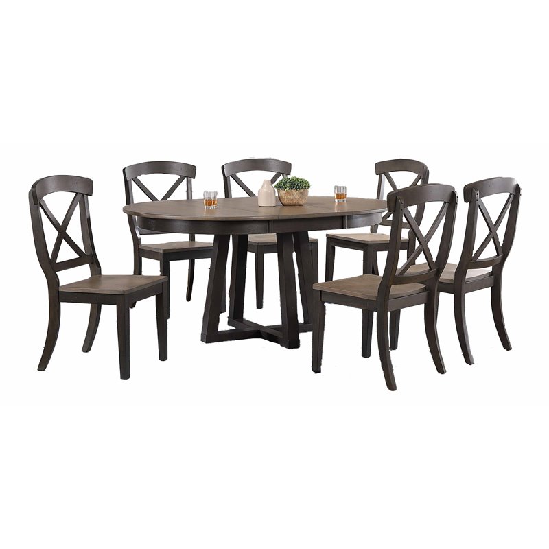 7-Pc X Wood Pedestal Dining Set in Gray/Black Stone