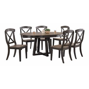 7-Pc X Wood Pedestal Dining Set in Gray/Black Stone