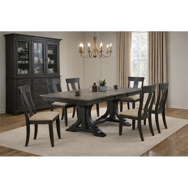 7-Pc Deco Wood Dining Set in Gray/Black Stone