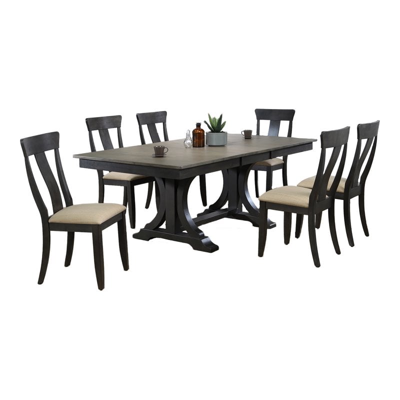 7-Pc Deco Wood Dining Set in Gray/Black Stone