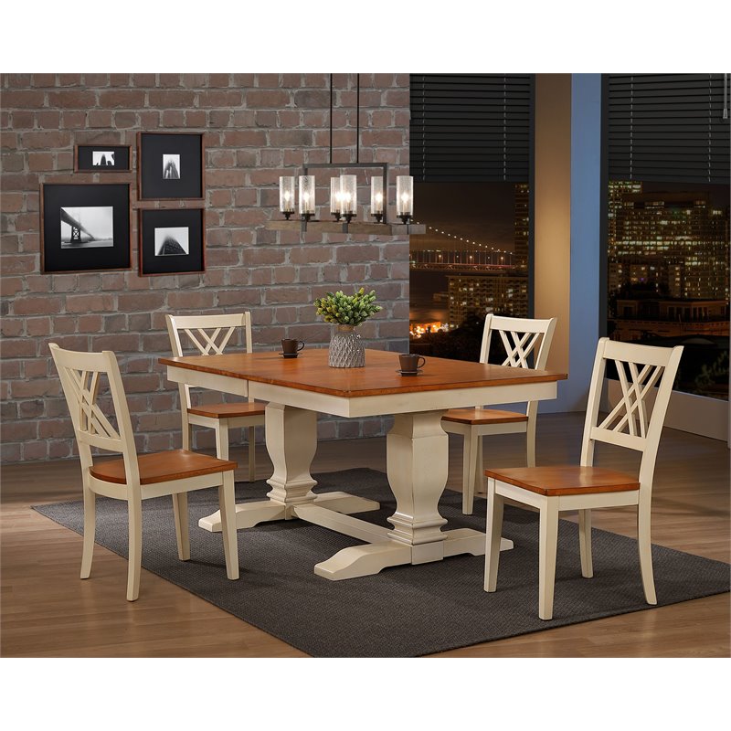 5-Piece Wood Pedestal Dining Set in Caramel/Biscotti