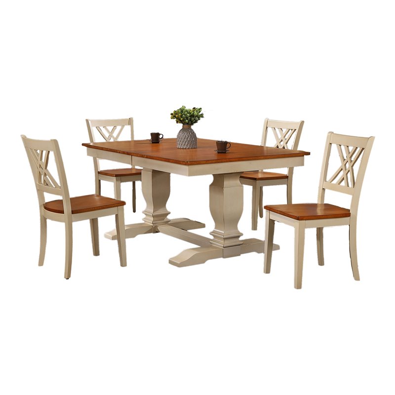 5-Piece Wood Pedestal Dining Set in Caramel/Biscotti