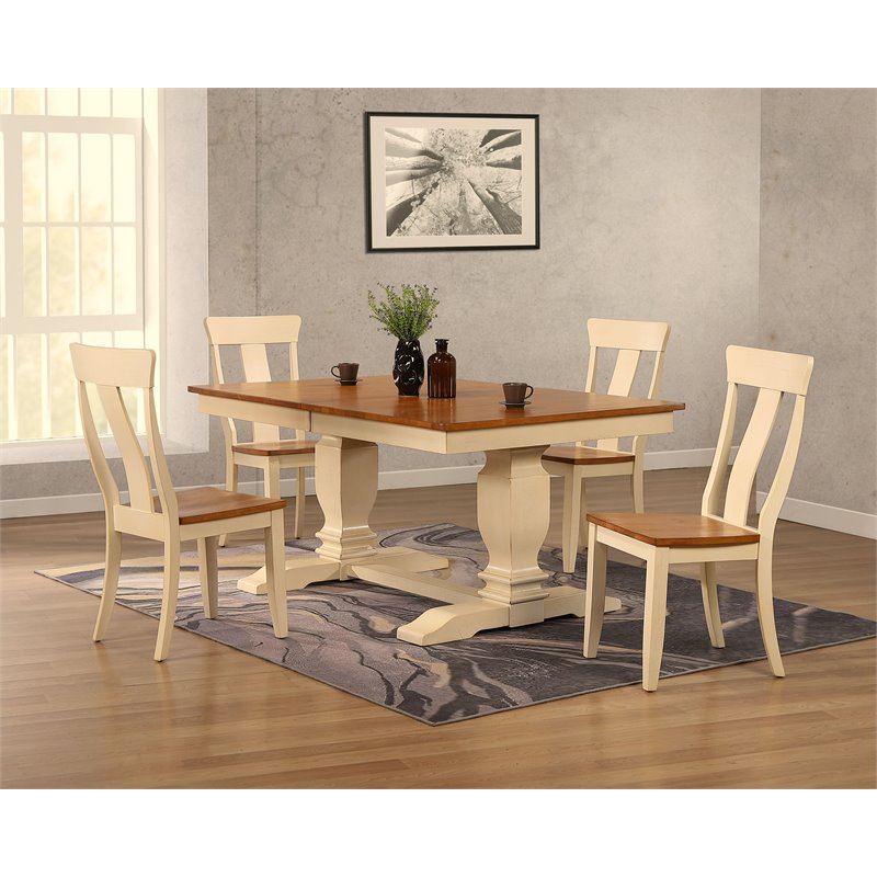 5 Pieces Panel Wood Pedestal Dining Set in Caramel
