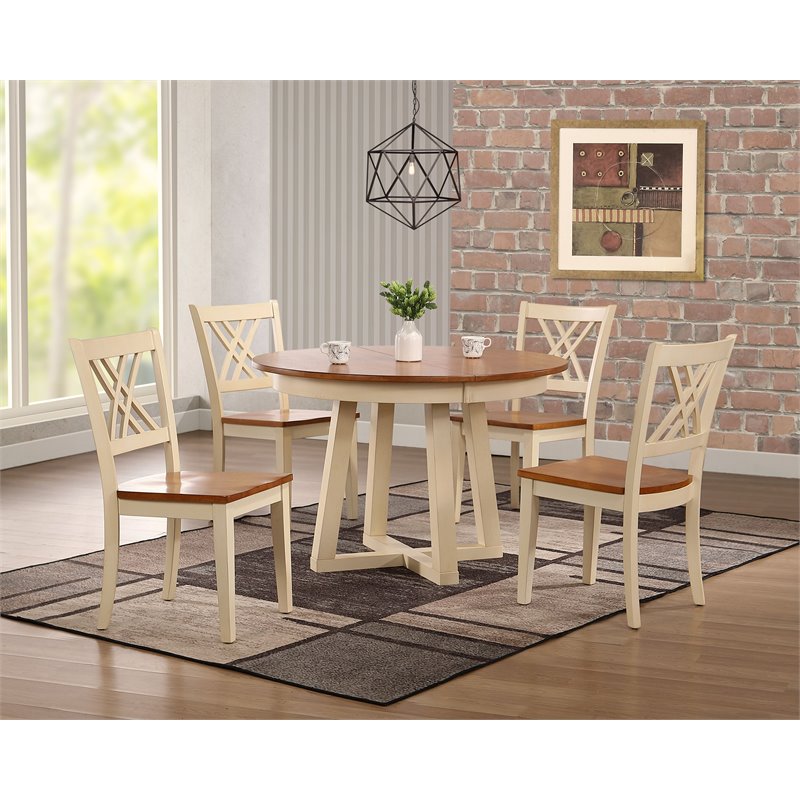 5-Pc Double X-Back Solid Wood Extendable Dining Set in Caramel/ Biscotti