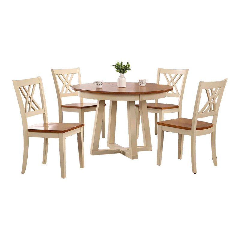 5-Pc Double X-Back Solid Wood Extendable Dining Set in Caramel/ Biscotti