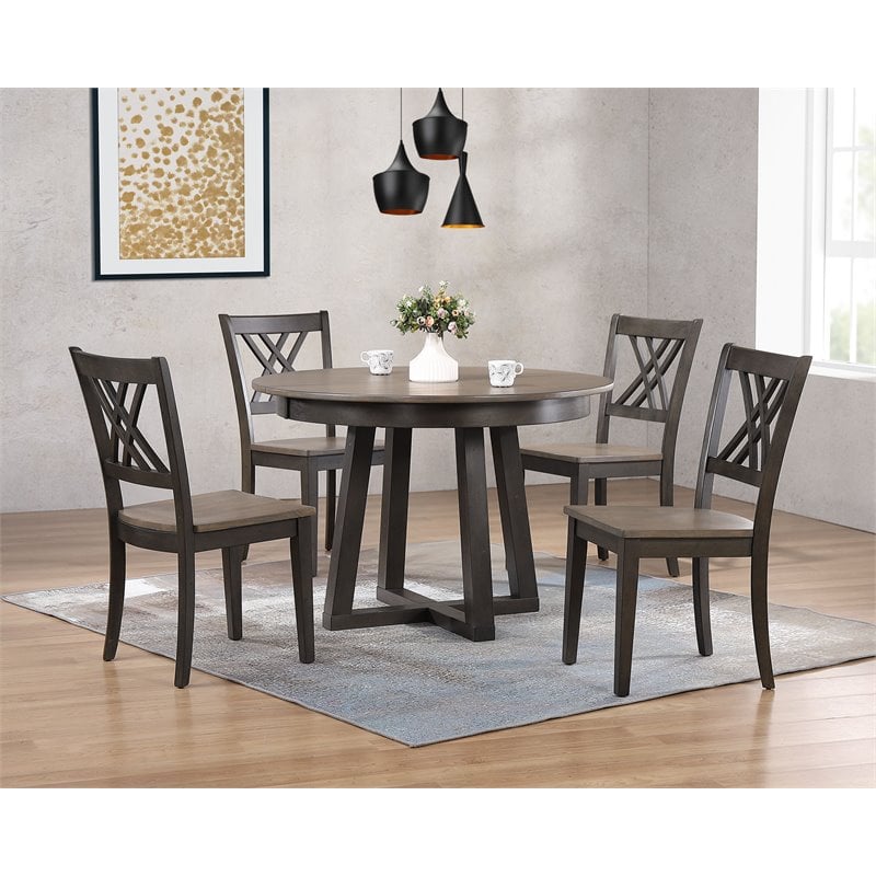 5-Pc Double X-Back Solid Wood Extendable Dining Set in Grey
