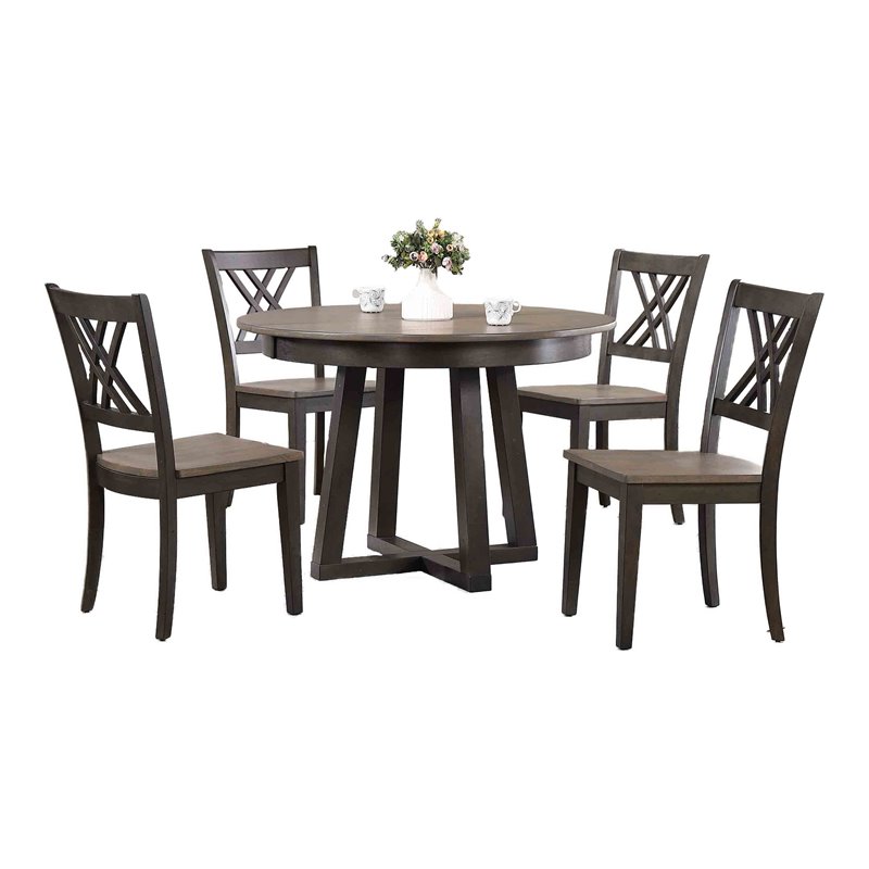 5-Pc Double X-Back Solid Wood Extendable Dining Set in Grey