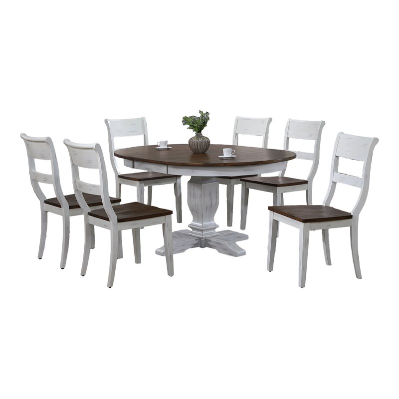 7-Piece Solid Wood Extendable Dining Set in White & Brown