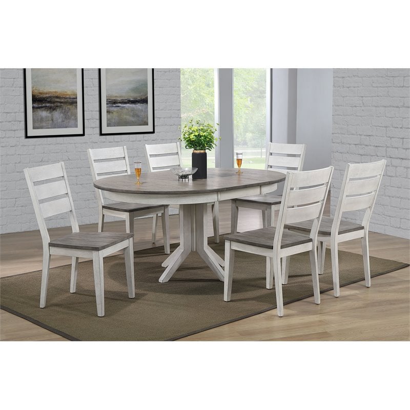 7-Piece Round Solid Wood Extendable Dining Set With Ladder Back Chairs in Grey