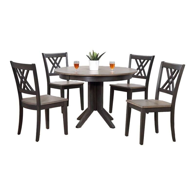 5-Pc Double X-Back Wood Dining Set in Gray/Black Stone