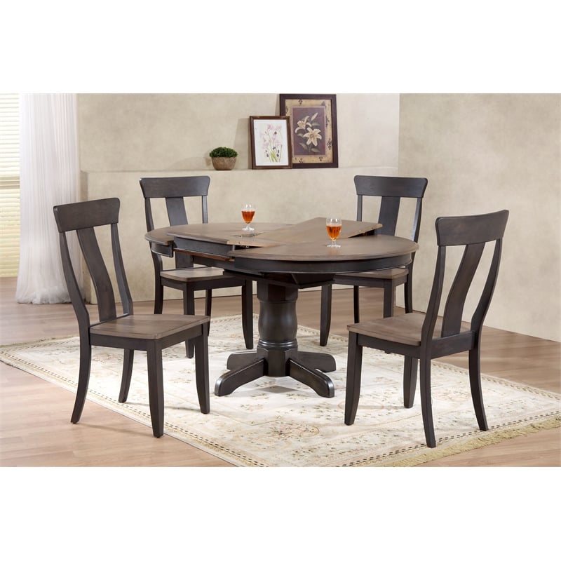 5-Pc Round Panel Wood Dining Set in Gray/Black Stone