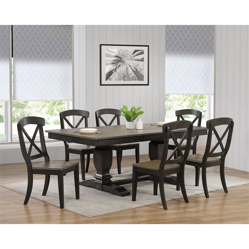 7-Pc Wood Pedestal Dining Set in Gray/Black Stone