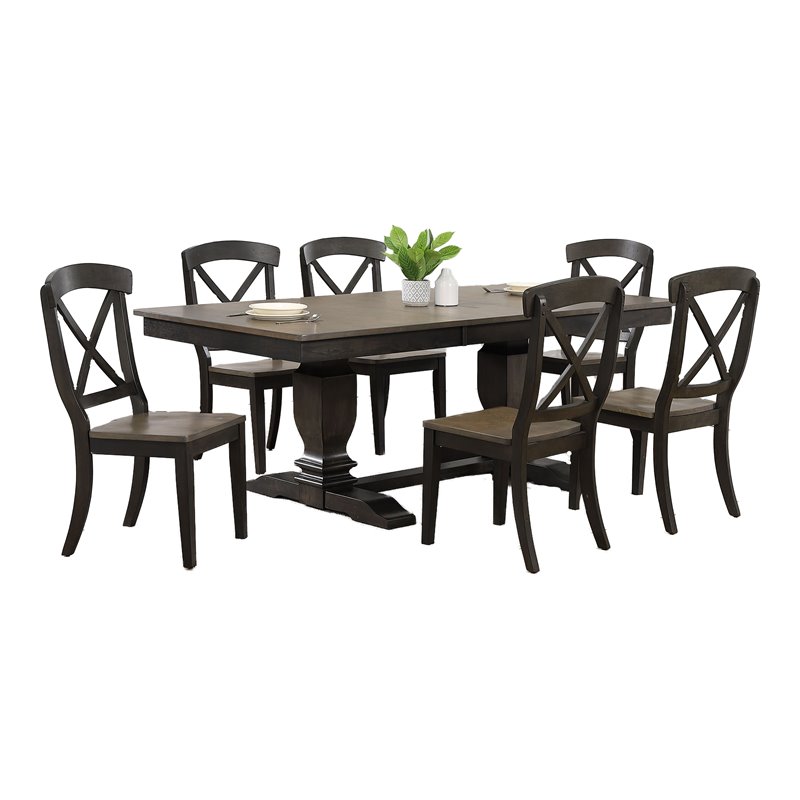 7-Pc Wood Pedestal Dining Set in Gray/Black Stone