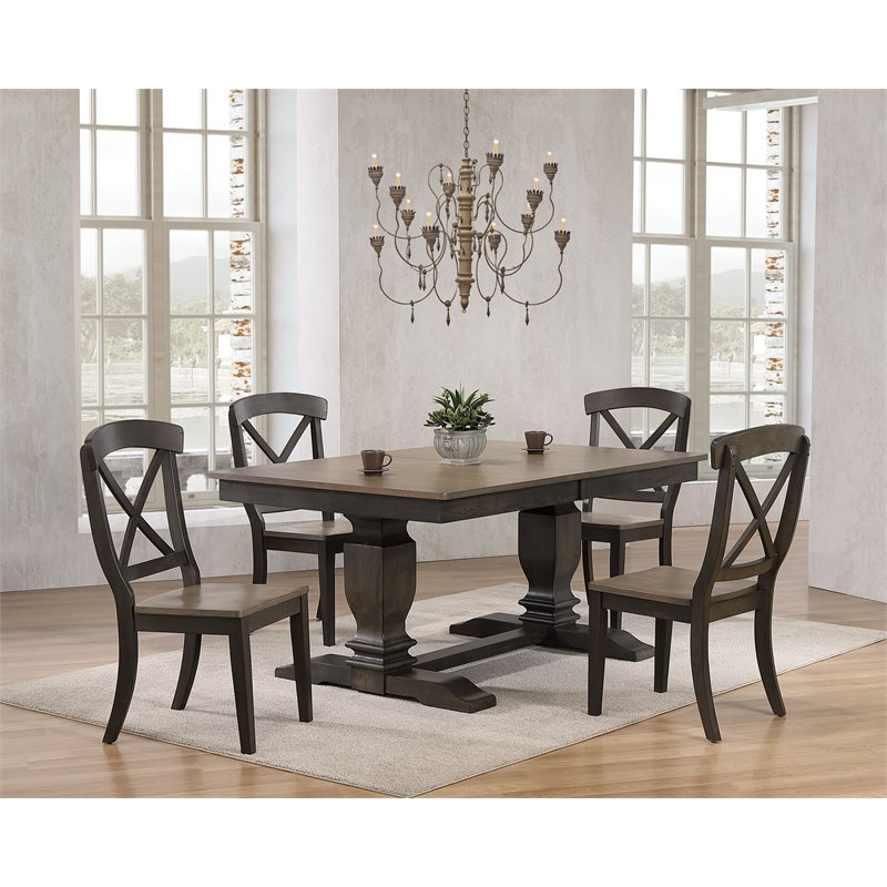5-Pc Wood Pedestal Dining Set in Gray/Black Stone