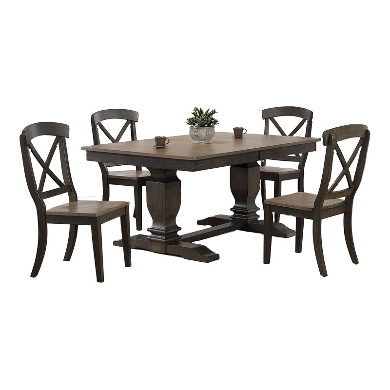 5-Pc Wood Pedestal Dining Set in Gray/Black Stone