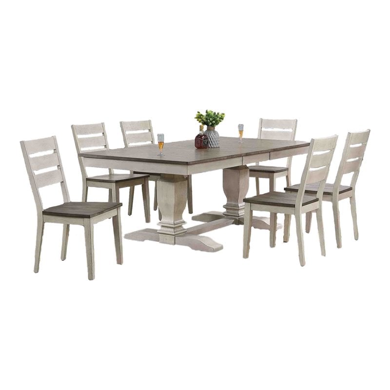 7-Pc Ladder Wood Pedestal Dining Set in Ash/Stormy