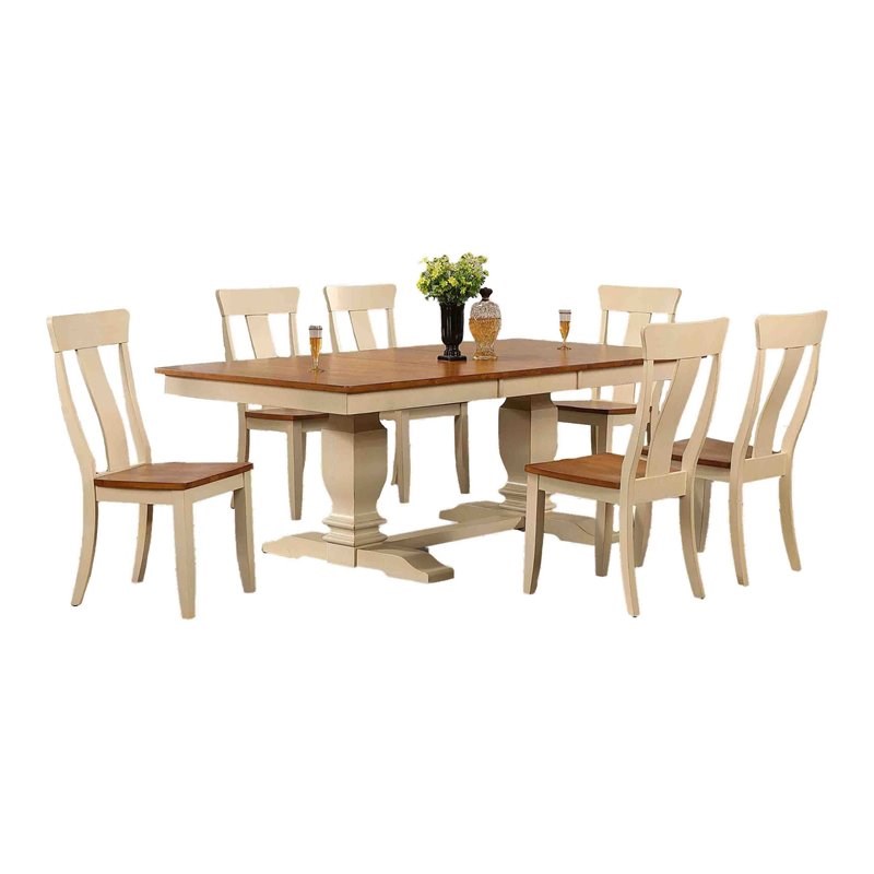 7 Piece Panel Back Wood Pedestal Dining Set in Caramel Biscotti