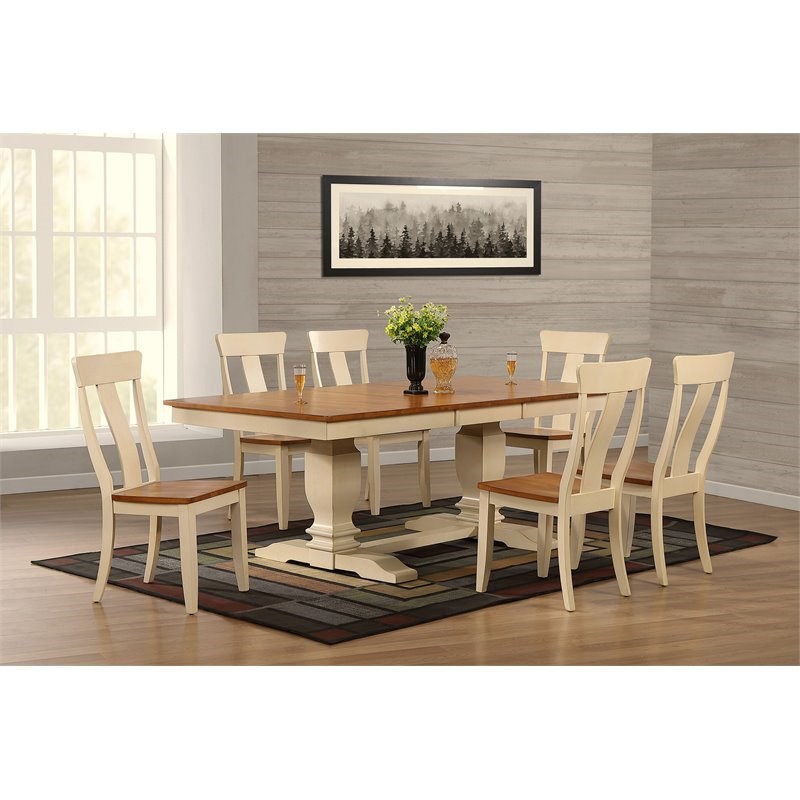 7 Piece Panel Back Wood Pedestal Dining Set in Caramel Biscotti