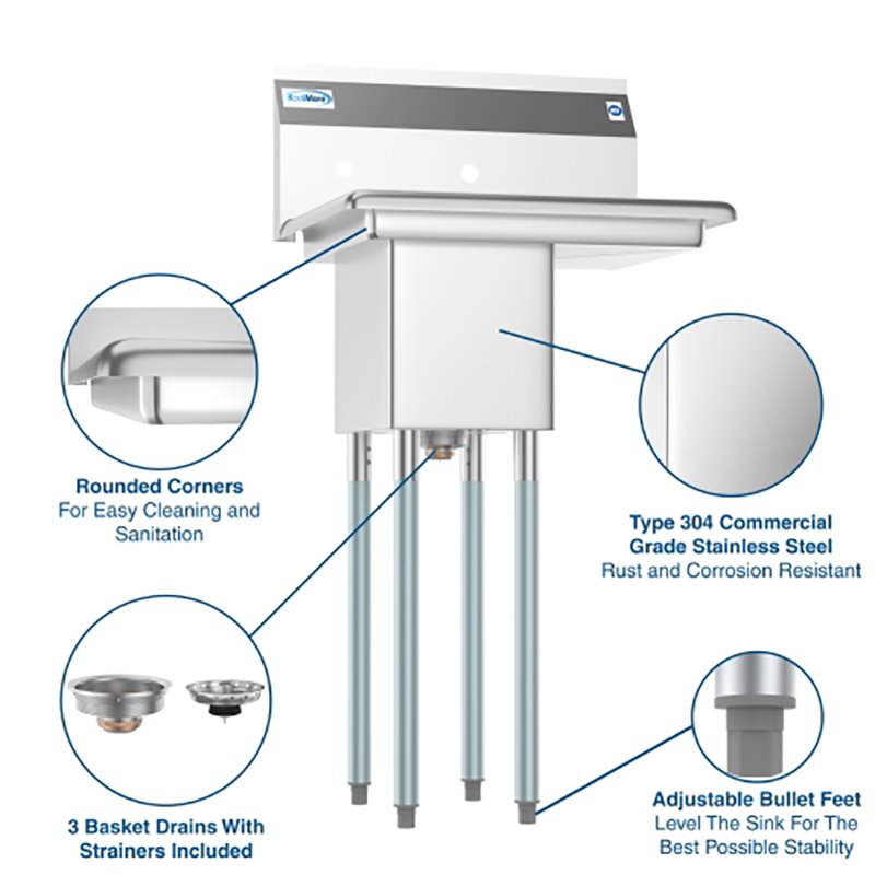 Koolmore 10x14x10 Right NSF Stainless Steel Kitchen Prep/Utility Sink in Silver