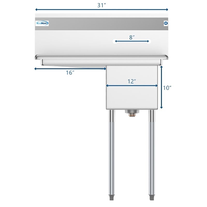 Koolmore 12x16x10 Left NSF Stainless Steel Kitchen Prep/Utility Sink in Silver