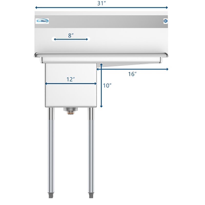 Koolmore 12x16x10 Right NSF Stainless Steel Kitchen Prep/Utility Sink in Silver